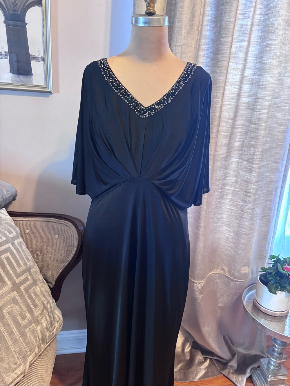 American Glamour by Badgley Mischka Black Embellished Rhinestone Draped Dress